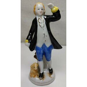 Vintage Occupied Japan Porcelain Colonial Figurines Man With Dog Sitting On Log